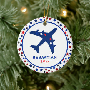 Cute Monogram Airplan Stars jul Julgransprydnad Keramik