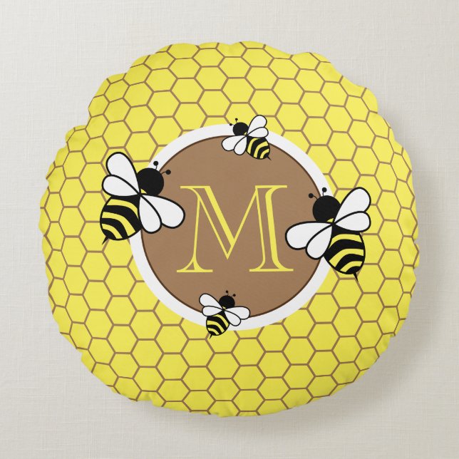 Cute Monogram Bees Honeycomb Mönster Nursery Rund Kudde (Framsidan)