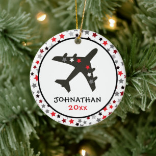 Cute Monogram Black Airplane Stars jul Julgransprydnad Keramik
