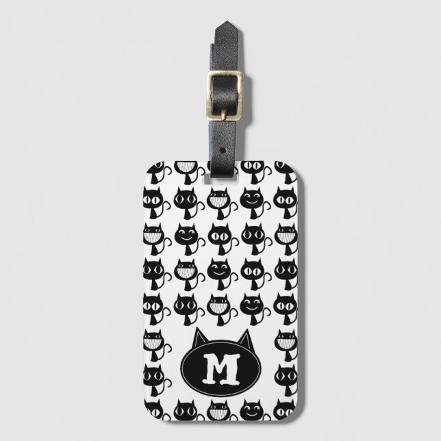 Cute Monogram Black Cat Expression Mönster  Bagagebricka (Framsida vertikal)