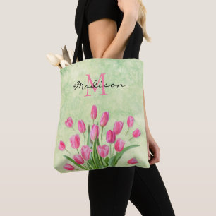 Cute Monogram Blommigt Vår Rosa Tulip Bouquet Tygkasse