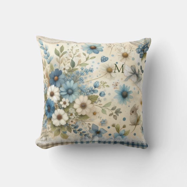 Cute Monogram Bunny Blue, Grönt och vita Blommigta Kudde (Framsida)