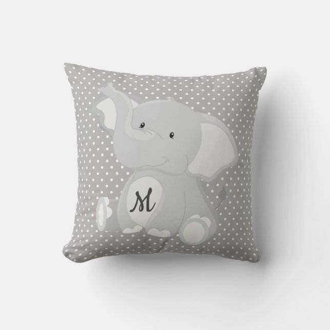 Cute Monogram Elephant Grått och White Polka Dot Kudde (Framsida)