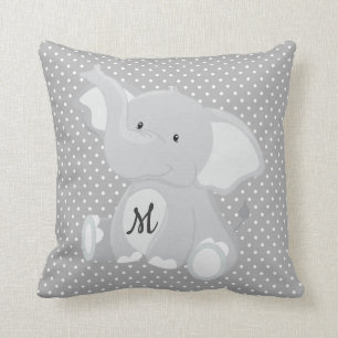 Cute Monogram Elephant Grått och White Polka Dot Kudde