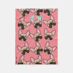 Cute Monogram Fransk Bulldog Kawaii Hund Mönster Fleecefilt