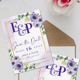 Cute Monogram Lila Blommigt Bröllop spara datum