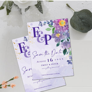 Cute Monogram Lila Blommigt Bröllop spara datum