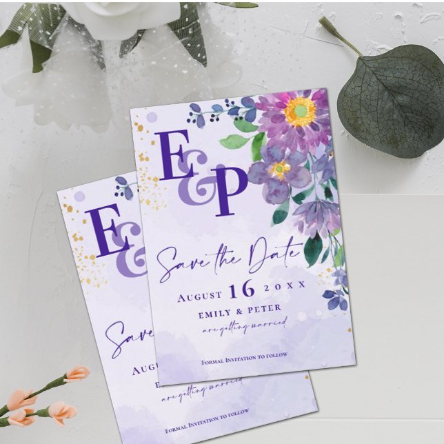 Cute Monogram Lila Blommigt Bröllop spara datum (Skapare uppladdad)