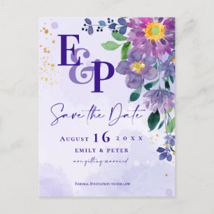 Cute Monogram Lila Blommigt Bröllop spara datum Inbjudan Vykort