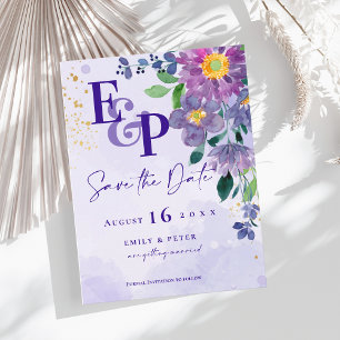 Cute Monogram Lila Blommigt Bröllop spara datum Vykort