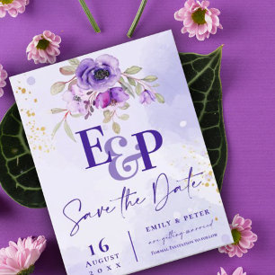 Cute Monogram Lila Blommigt Bröllop spara datum Vykort