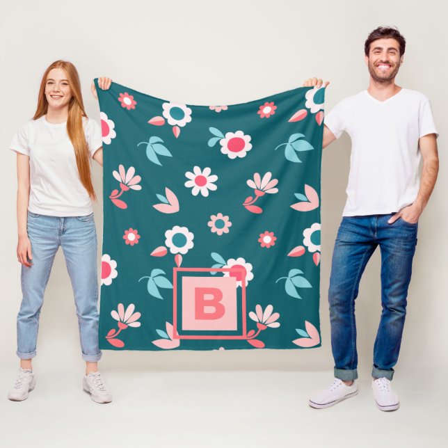 Cute Monogram Modern Rosa and Teal Blommönster Fleecefilt (På plats)