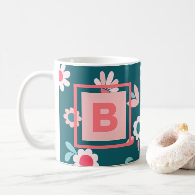 Cute Monogram Modern Rosa and Teal Blommönster Kaffemugg (Med munk)