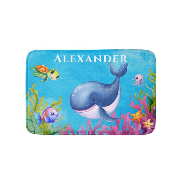 Cute Monogram Namn Coastal Sea Turtle and Whale Badrumsmatta (Framsidan)