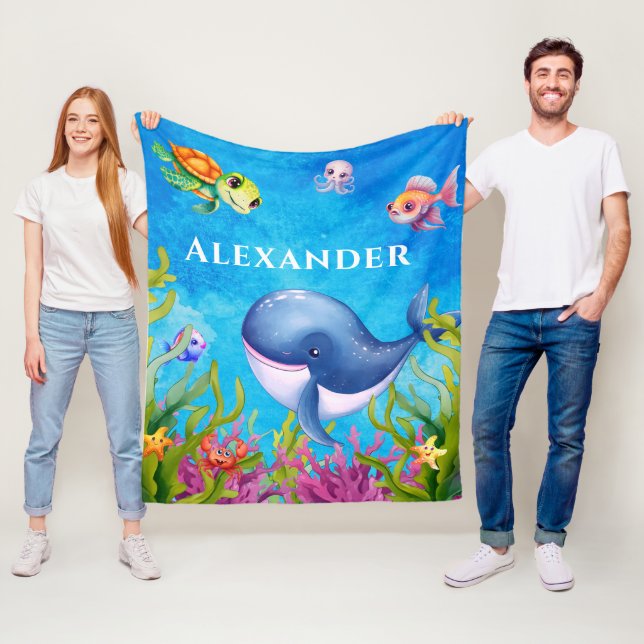 Cute Monogram Namn Coastal Sea Turtle and Whale Fleecefilt (På plats)