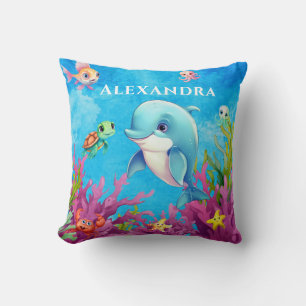 Cute Monogram Namn Coastal Sea Turtle Dolphin Kudde