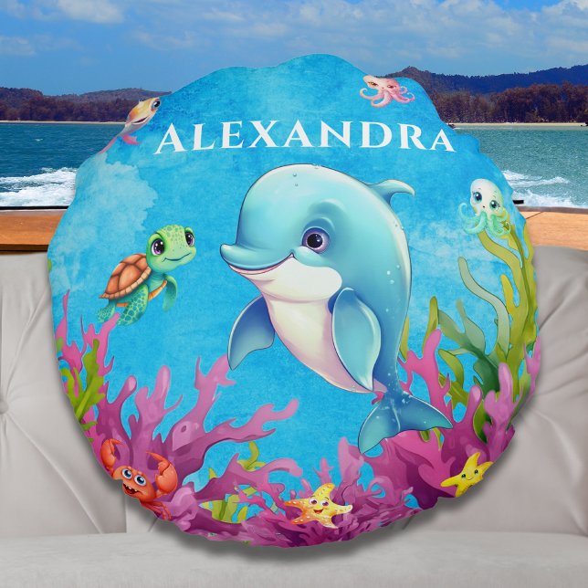 Cute Monogram Namn Coastal Sea Turtle Dolphin Rund Kudde (Skapare uppladdad)