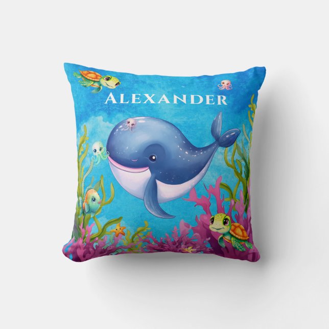Cute Monogram Namn Coastal Sea Turtle Whale Kudde (Framsida)