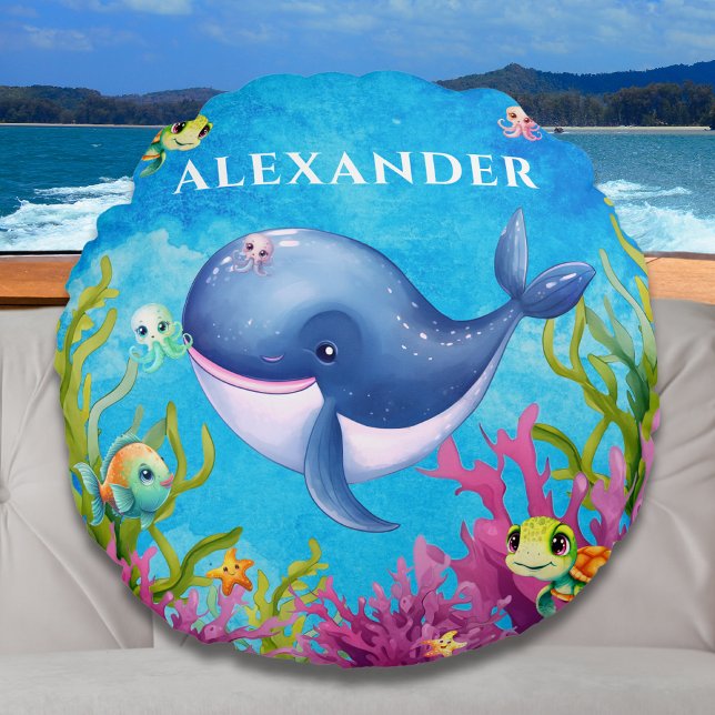 Cute Monogram Namn Coastal Sea Turtle Whale Rund Kudde (Skapare uppladdad)
