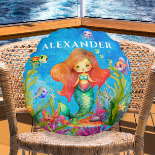 Cute Monogram Namn kustnära Sjöjungfru Rund Kudde