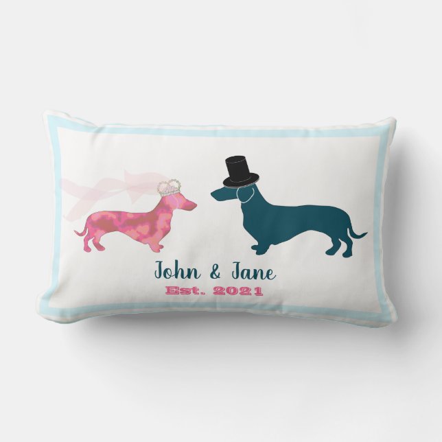 Cute Monogram Newlyweds Dachshund Hundar Blek Blue Lumbarkudde (Framsida)