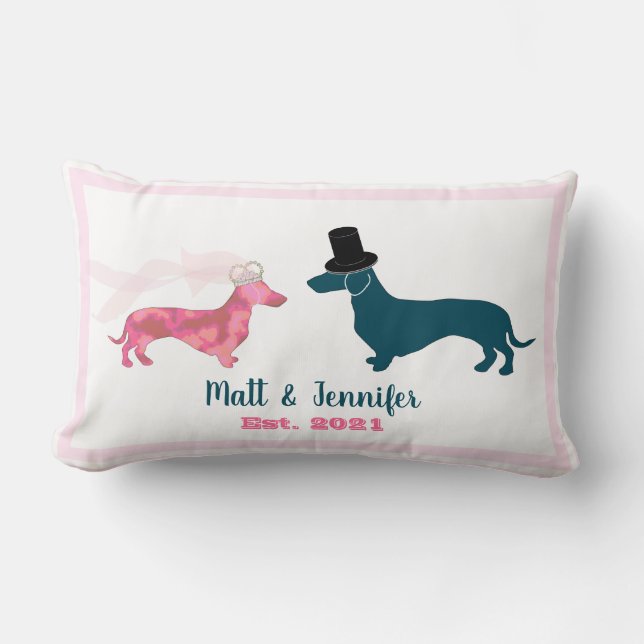 Cute Monogram Newlyweds Dachshund Hundar Rosa Lumbarkudde (Framsida)