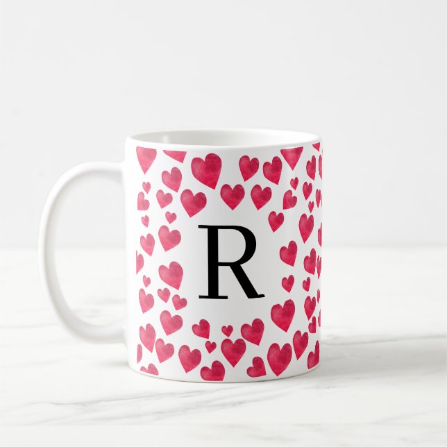Cute Monogram Red Hearts Anpassningsbar Monogram Kaffemugg (Vänster)