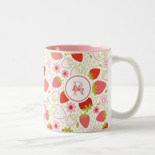 Cute Monogram Red Strawberry Flower Två-Tonad Mugg