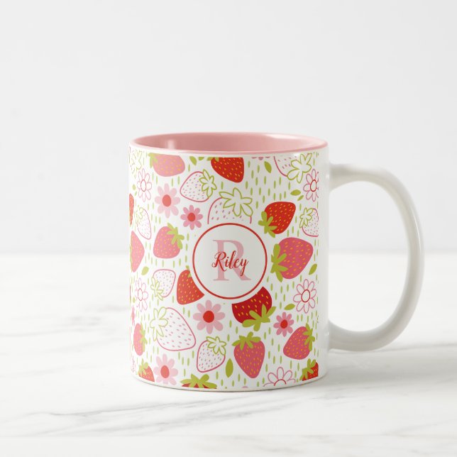 Cute Monogram Red Strawberry Flower Två-Tonad Mugg (Höger)