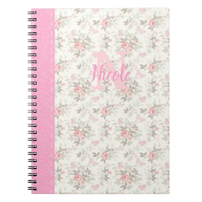 Cute Monogram Rosa Blommigt Design Notebook Anteckningsbok (Framsidan)