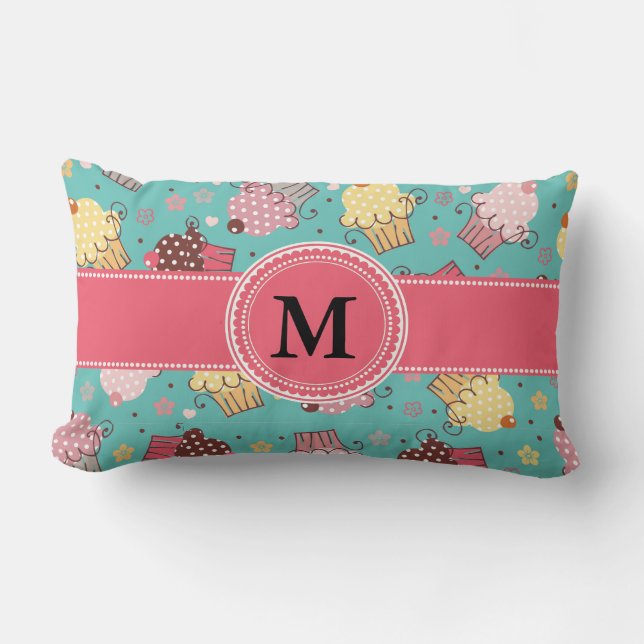 Cute Monogram Rosa Teal and Gult Cupkaka Lumbar Lumbarkudde (Framsida)
