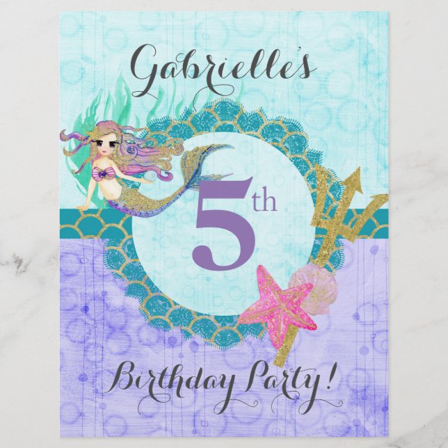 Cute Monogram Sjöjungfru Teal & Lila Födelsedagsfe Reklamblad (Baksidan)