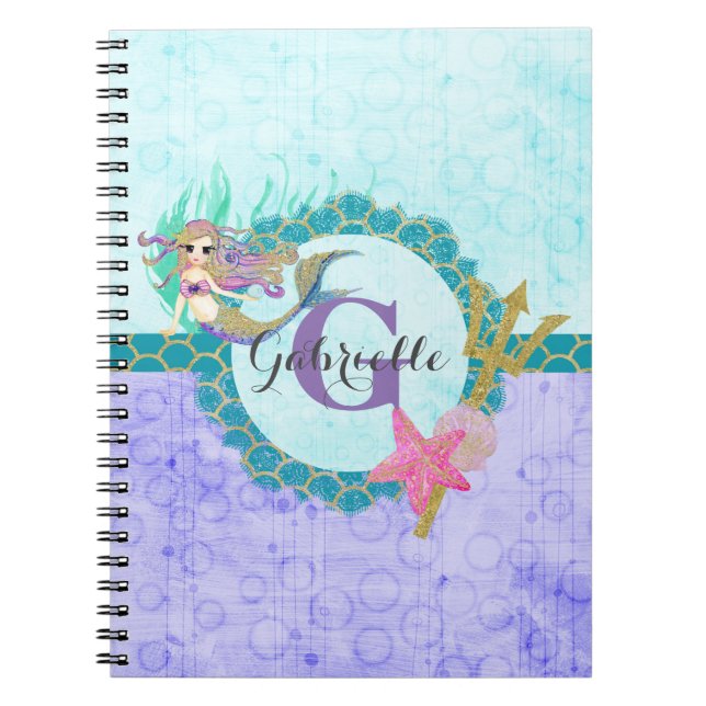 Cute Monogram Sjöjungfru Teal & Lila Watercolor Anteckningsbok Med Spiral (Framsidan)
