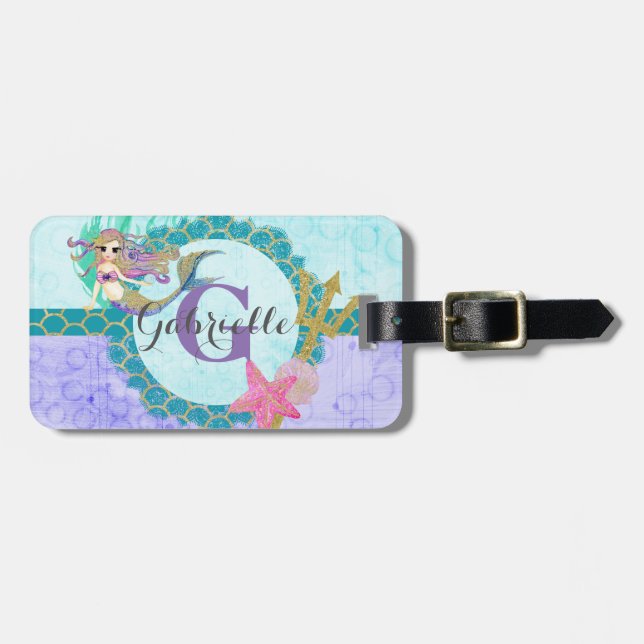 Cute Monogram Sjöjungfru Teal & Lila Watercolor Bagagebricka (Horisontell Framsida)