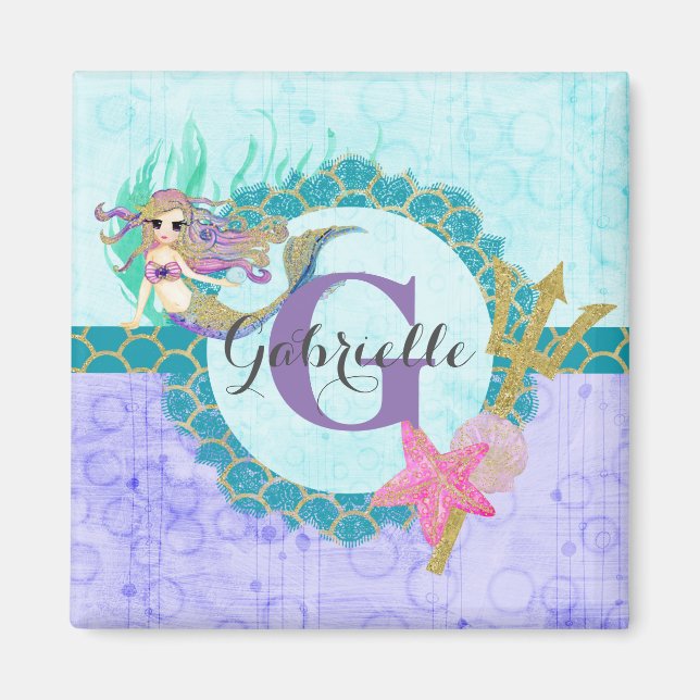 Cute Monogram Sjöjungfru Teal & Lila Watercolor Magnet (Framsidan)