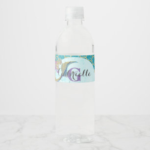 Cute Monogram Sjöjungfru Teal & Lila Watercolor Vattenflaska Etikett