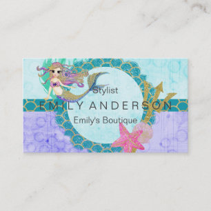 Cute Monogram Sjöjungfru Teal & Lila Watercolor Visitkort