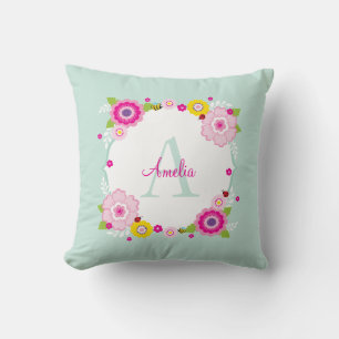 CUTE MONOGRAM-trädgårdsblommor blommigt rosa mynta Kudde