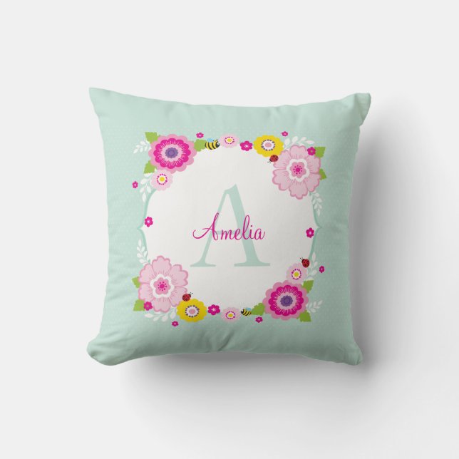 CUTE MONOGRAM-trädgårdsblommor blommigt rosa mynta Kudde (Framsida)