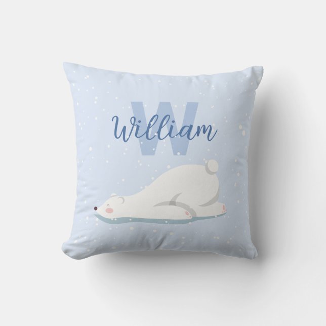 Cute Monogram Winter Polar Bear Nursery Decor Kudde (Framsida)