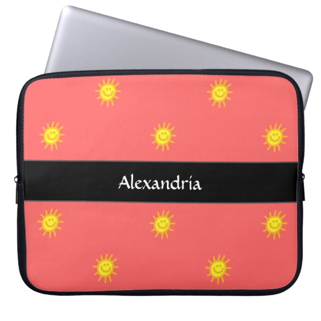 Cute Monogrammad Namn Lycklig Ansikte Sol Coral Bl Laptop Fodral (Framsidan)