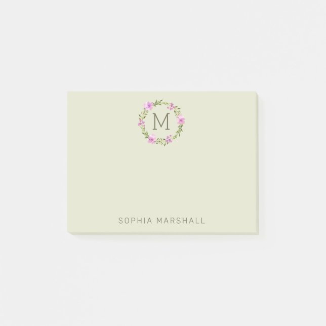 Cute Monogrammed Greenery Blommigt WAN Post-it Block (Framsida)