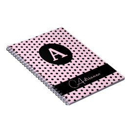 Cute Monogrammed Rosa och svart Polka dots Anteckningsbok