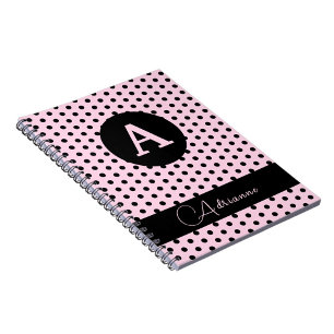 Cute Monogrammed Rosa och svart Polka dots Anteckningsbok