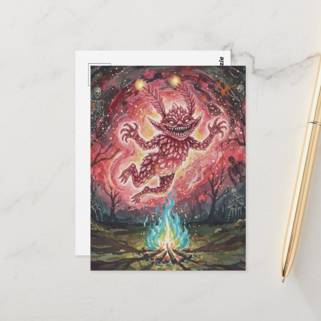 Cute Monster at the Campfire Vykort (Fram/Back In Situ)