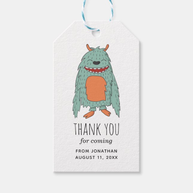 Cute monster. Barn party. Tack för födelsedagstack Presentetikett (Framsidan)