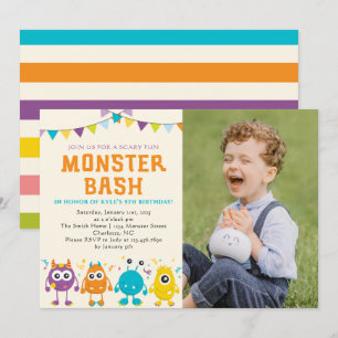 Cute Monster bash-fotofödelsedagsfest Inbjudningar