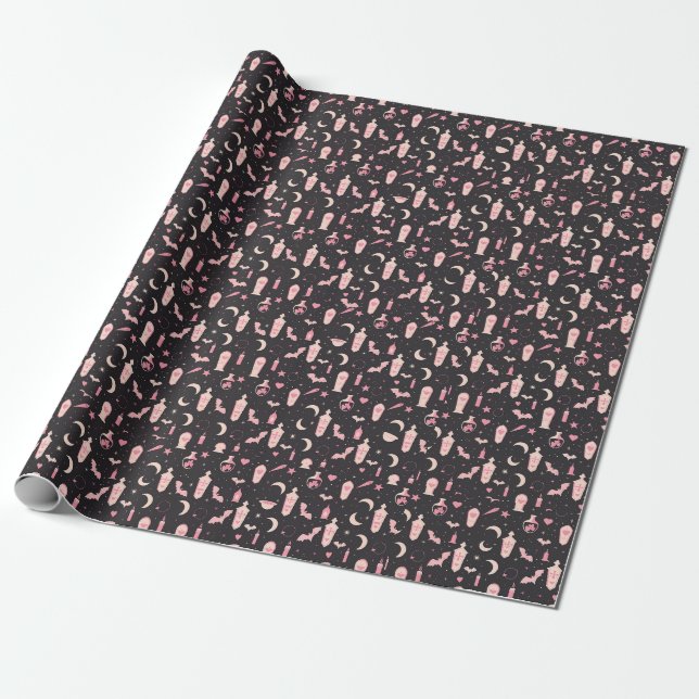 Cute mönster black and rosa vampyr witchcraft presentpapper (Utrullad)