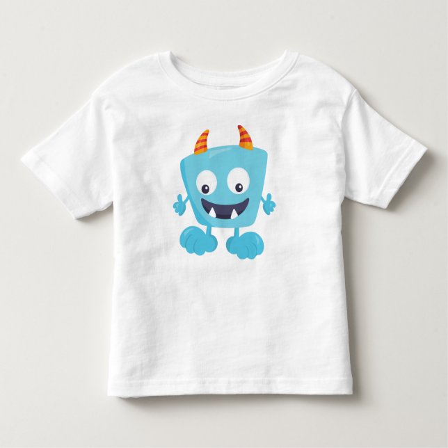 Cute Monster, Blue Monster, Funny Monster, Horns T Shirt (Framsida)