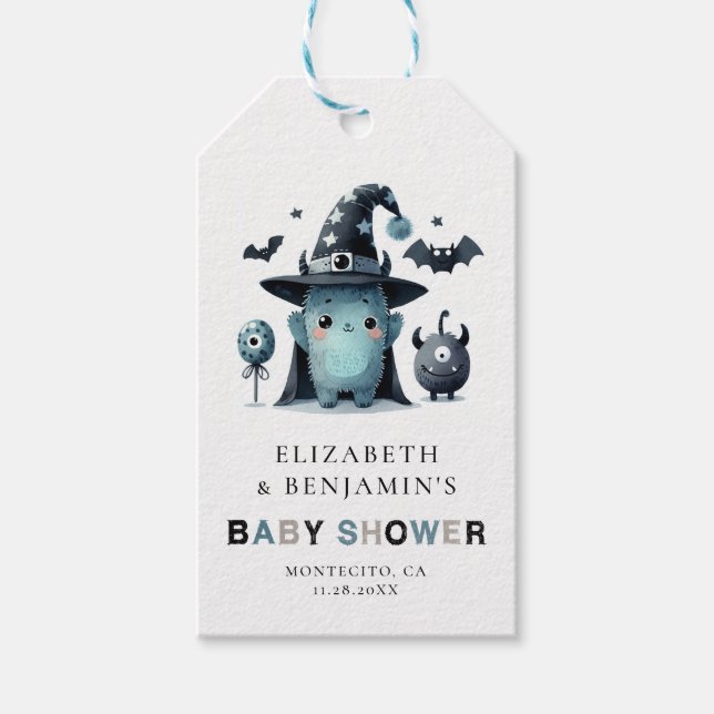Cute Monster Fall Halloween Blue Coed Baby Shower Presentetikett (Framsidan)